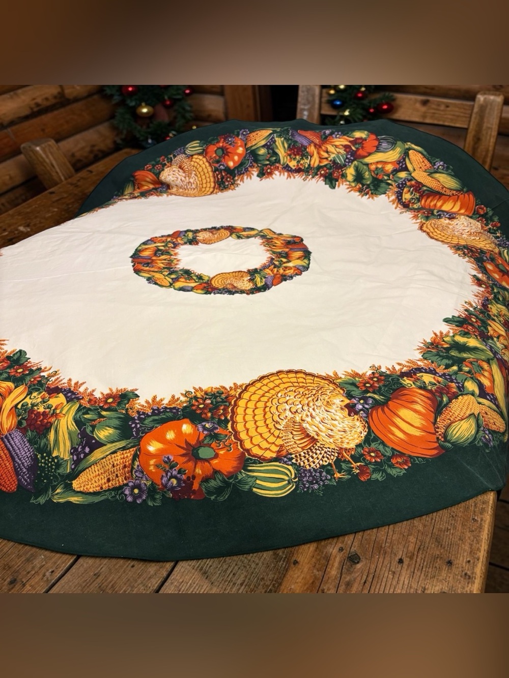 Vintage Benson Mills Harvest Splendor Round 69” Tablecloth Thanksgiving Turkey
